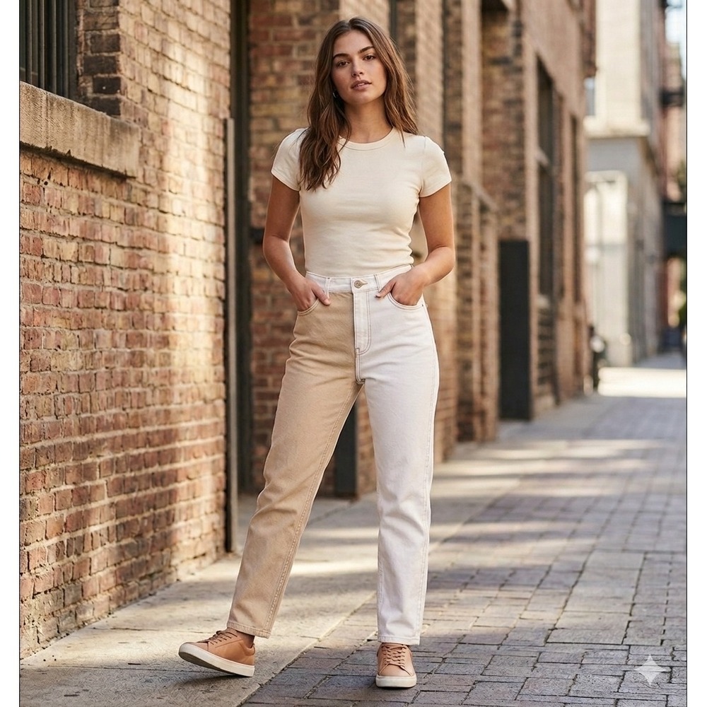 Hollister‎ Ultra High Rise Mom Jean Two Tone Beige Cream W24 L25